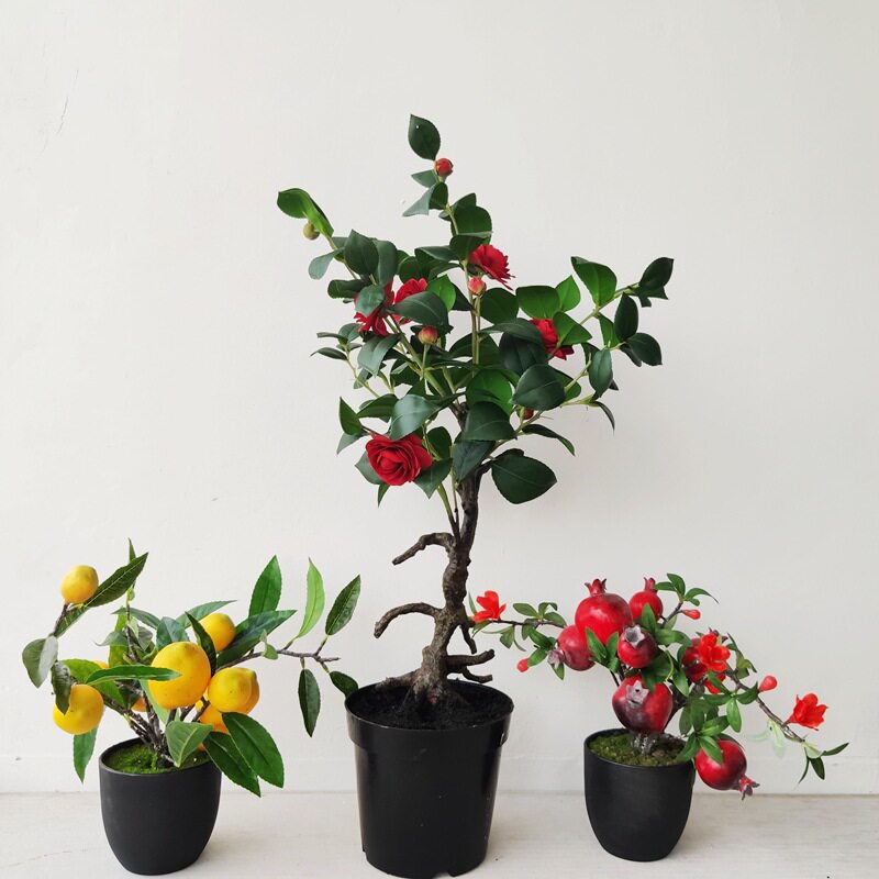 中式仿真山茶花柠檬树石榴果盆栽植物盆栽家居绢花摆放花卉民宿茶