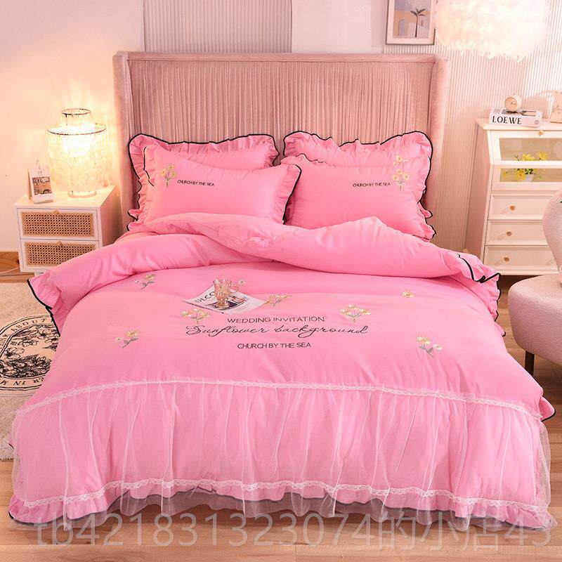 高档公主风蕾丝被套床上四件套磨毛床裙四用加厚通春秋ns裸睡i床