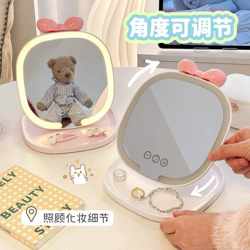 便携折叠化妆镜带灯WOA补光桌台式可公蝶主镜爱蝴结女生面随身镜