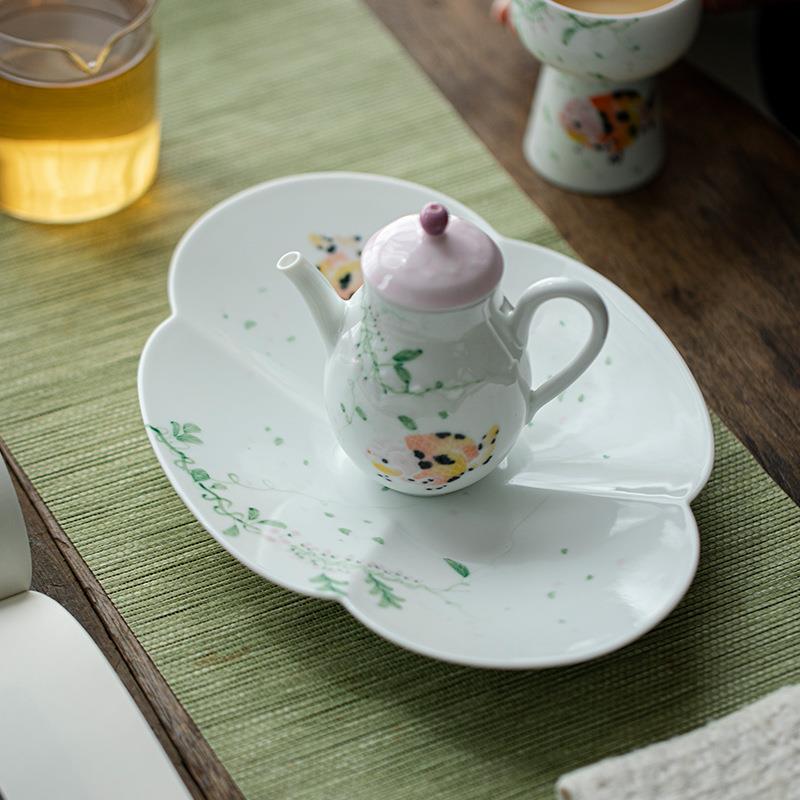 弥言白瓷手绘金鱼陶壶承家用茶壶盖碗底瓷托意创颜值高466果盘点