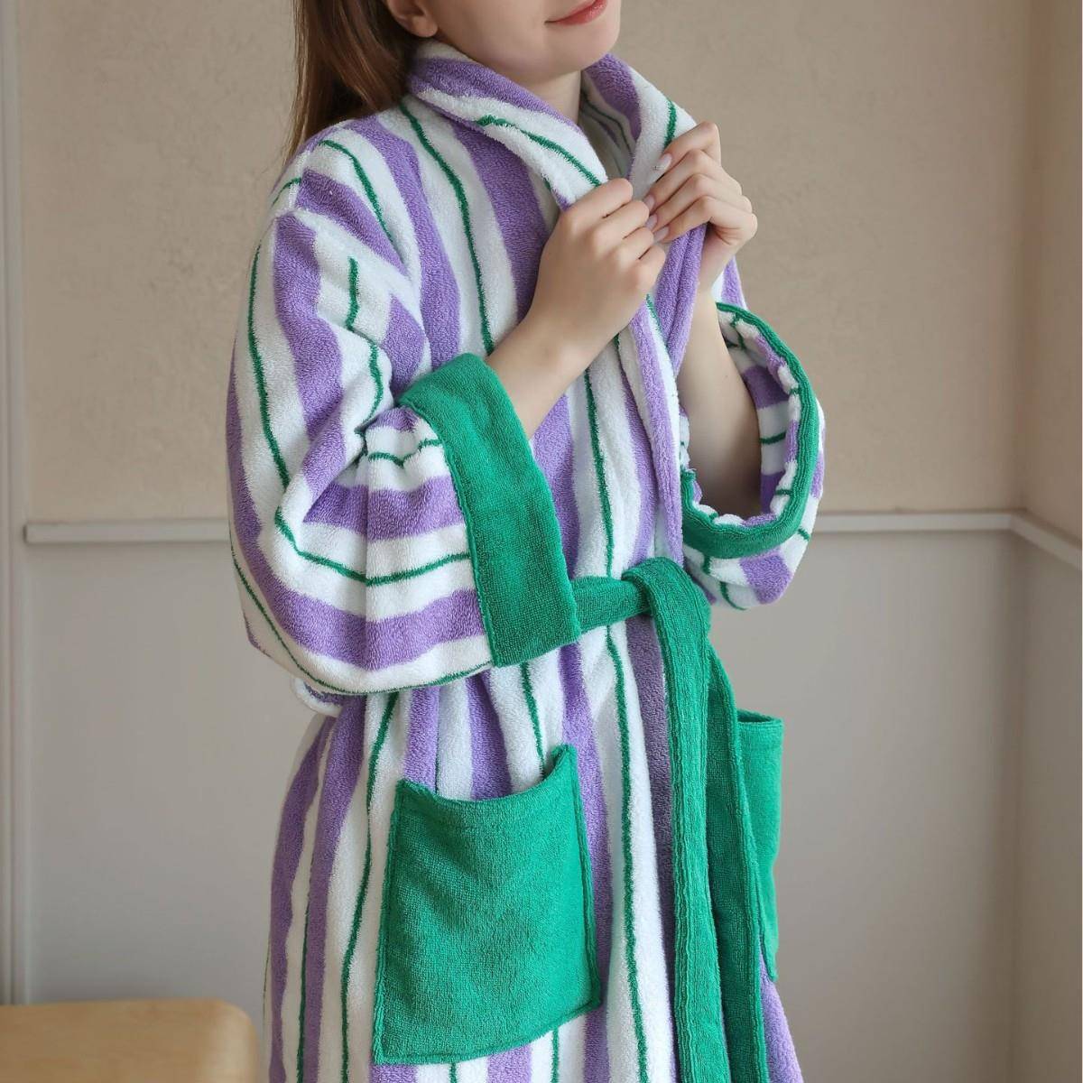 202精5年款条纹宽边浴袍系列拼色连帽吸侣水浴袍纯棉新梳棉成人情