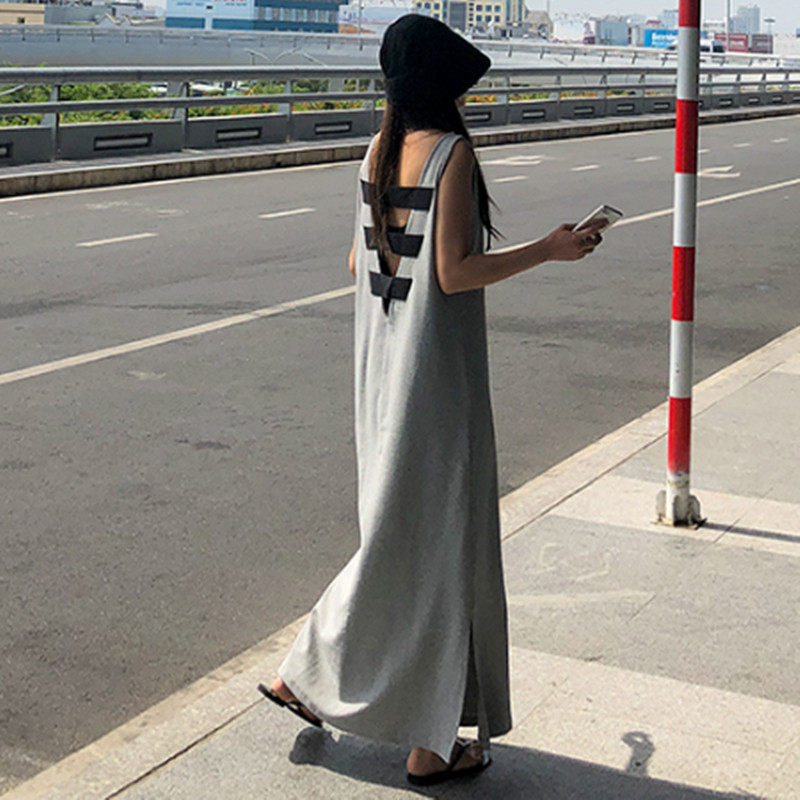 韩版宽松大码连衣裙女无袖开叉打底裙bf休闲过膝长裙学生背带裙潮