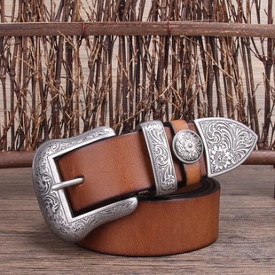 唐草雕花扣皮带时尚复古夏季女士头层牛皮简约装饰牛仔裤腰带手工