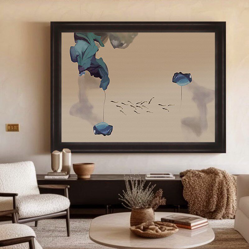 年年有余客厅玄关装饰画侘寂风高级感水墨卧室挂画荷叶纯手绘油画