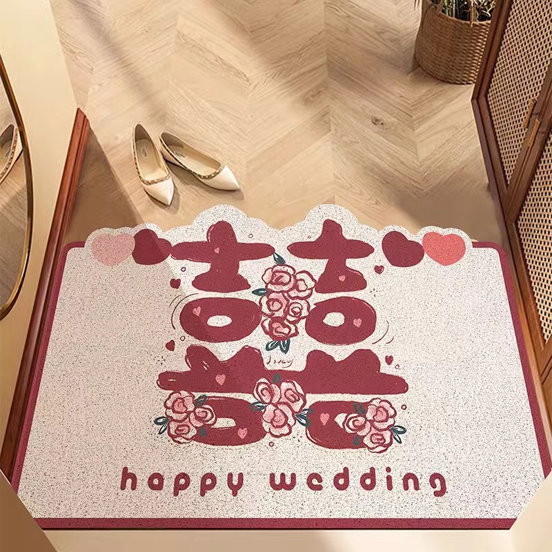 全糖喜品新婚丝圈防滑地垫结婚入户门垫喜庆可爱喜字红色进门地毯