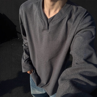 潮牌内搭打底衫 秋冬cleanfit美式 卫衣 t恤男士 300g重磅德绒V领长袖