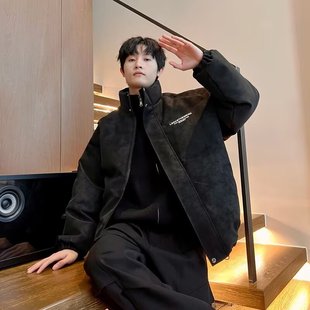 国潮牌冬季 胶标纹理感棉服宽松棉衣PU皮外套百搭潮流简约 情侣美式