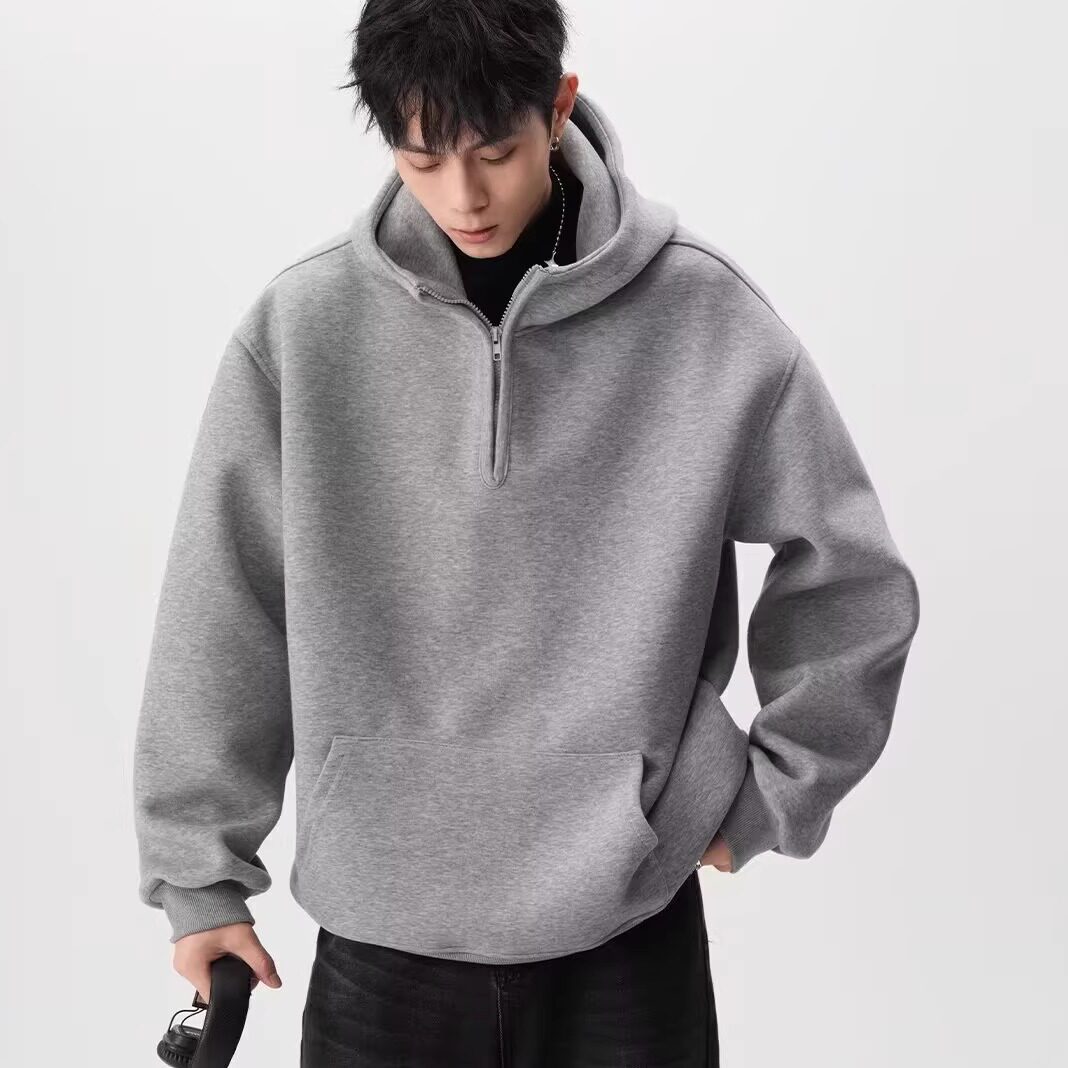 美式重磅半拉链连帽卫衣男女潮牌高街设计感春秋运动百搭情侣外套