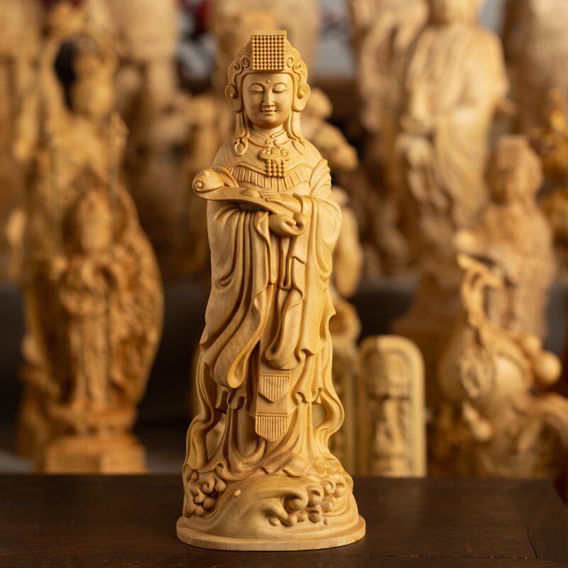 小叶黄杨木雕刻妈祖雕像摆件中式工艺品湄州天后圣母实木摆饰收藏