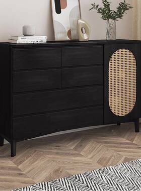 储藤编房斗柜实43838木复古风客厅间主纳卧室六斗柜黑色收柜抽屉