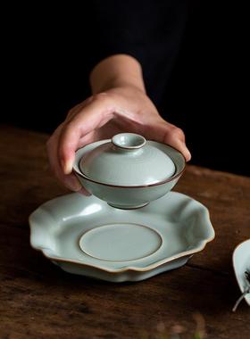 青天瓷汝BYGH0028花瓣壶承干泡窑盘开片可养茶壶托盖碗托果盘茶点