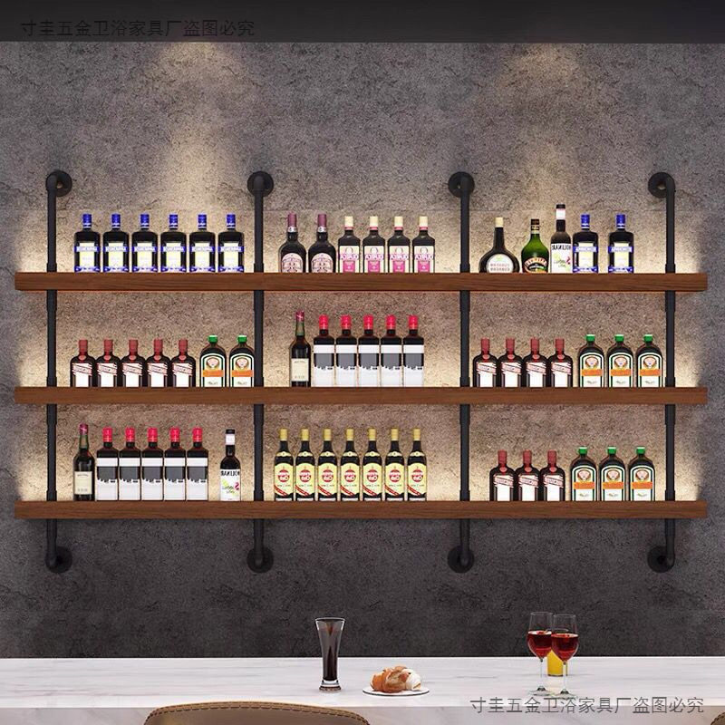 新款墙上酒架餐厅酒吧烧烤店吧台壁挂式靠墙铁艺多层实木置物架子