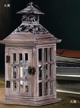 欧式复旧古蜡烛台木质防风灯落VXZ摆件刷白做艺婚礼道具地家居铁