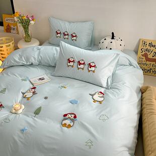 全棉水洗棉毛绣小公仔床上四件OTN套1.巾58m1.米单公寓纯棉床被套