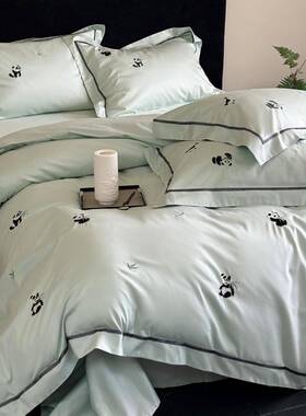 国轻奢潮风熊猫刺绣100长绒棉四件套IPE全支棉贡缎床单被床套上用