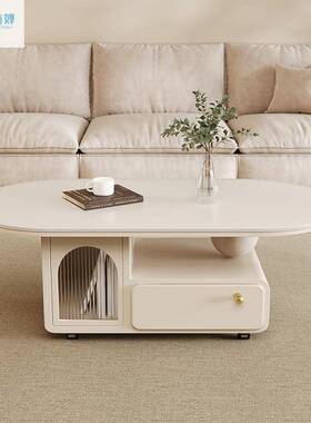 计家用客厅小户型TEI移动现代约简创意设法可式奶油风椭圆形岩板