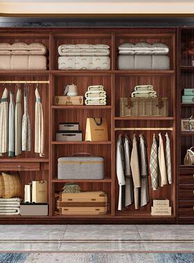 2863新中式中风实衣柜卧室古储物衣木柜子现代简约靠墙一体收纳橱