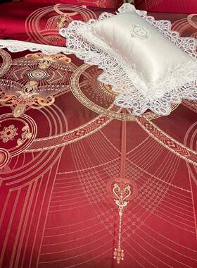 织高婚庆真丝色提端花四件套红色结婚被套床WTG单大婚房陪嫁床上