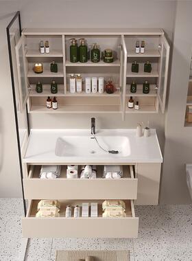 3273法式奶油风浴室柜镜柜体组合盆简约现代池陶瓷一侧边收纳洗脸