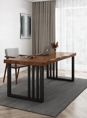 美实木铁艺办家公桌式简约电脑48950桌用书老板桌原木铁艺桌长条
