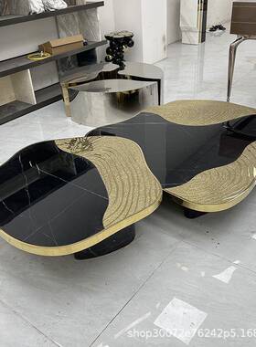 天高端大大气别墅现代意不规QRA则客厅轻奢创茶几然理石不锈钢组