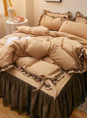 纯色床裙四件磨套韩版加QZE厚毛用防荷滑床罩叶边三件套公主风床