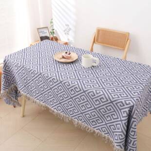 日式简MZ-huizi约回字格茶几布盖布苏花边长方形台布居桌家餐桌流