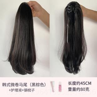 正品抓夹式直发红高马尾 假发女微卷绑网发带发假马尾可扎长辫子
