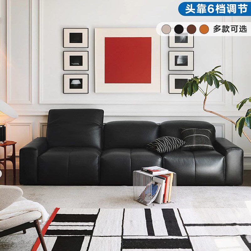 百佳惠中古复古风MCM/TUSU黑色真皮可调高靠背可靠头转角一字沙发