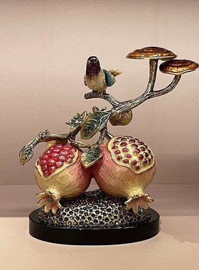 多子多福石榴摆件客厅玄关婚房装饰品珐琅彩中式家居铜工艺品高级