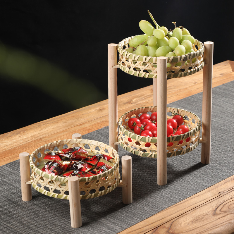 手工竹编双层水果篮家用圆形收纳筐点心篮糕点盘幼儿园装饰小篮子