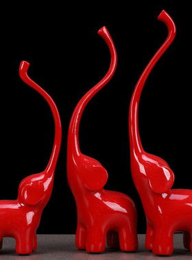 简约三连红色长鼻子小象酒柜摆件工艺品吉祥三宝大象小鹿结婚礼品