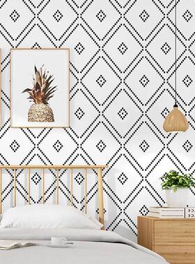 北欧风格壁纸in电视背s景约黑菱白60394格子形卧室客厅现代简民宿