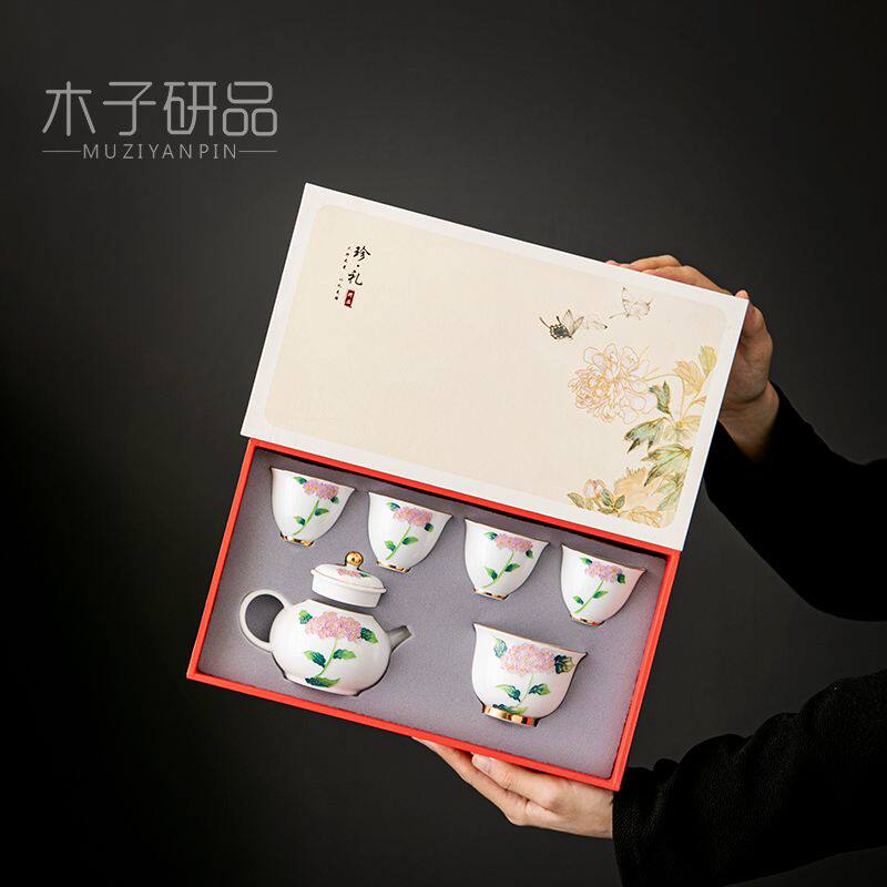 茶具套装白瓷手绘一壶二杯五杯快客杯陶瓷功夫泡茶器高档礼盒包装图片