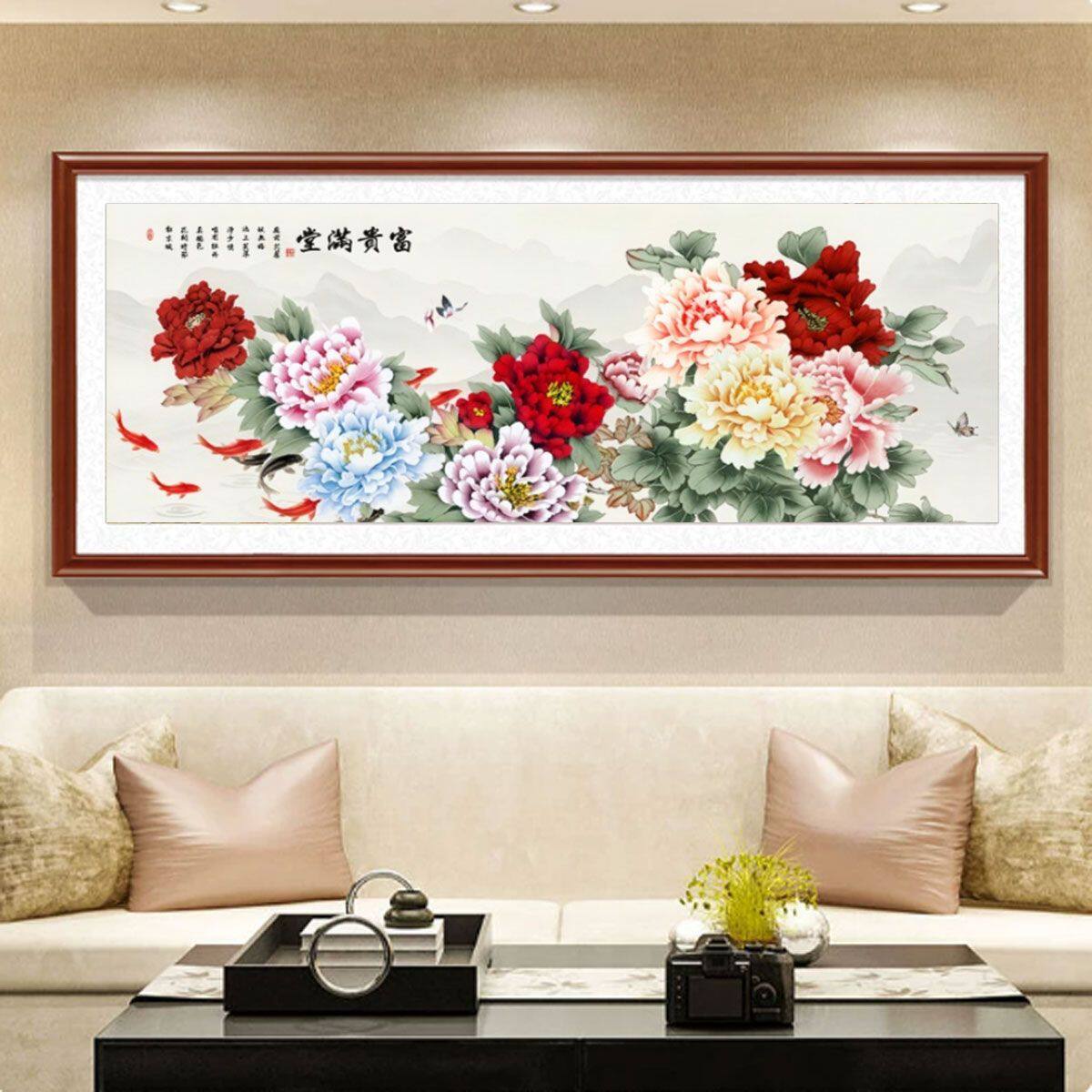 花开富贵客厅装饰画浮雕描金中式沙发背景墙大气国画牡丹花挂画