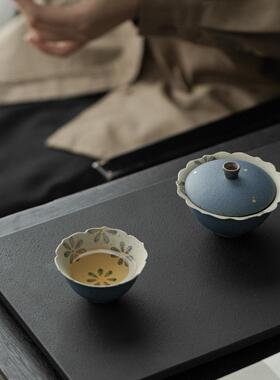 宜室茶话手小绘雏菊XZW陶瓷蓝色二才盖碗茶盖碗茶泡杯单个高档女