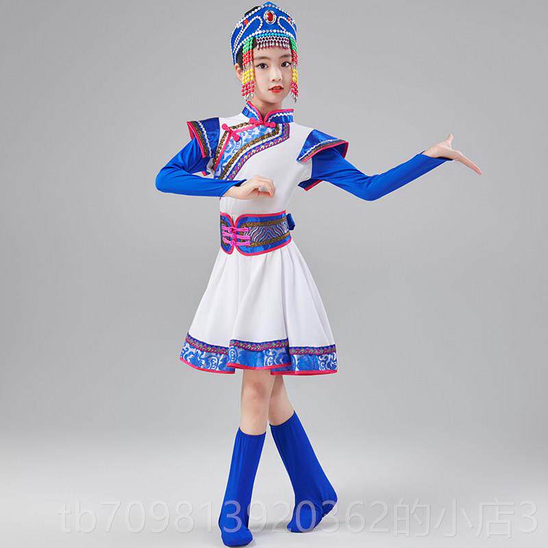 高档蒙古族儿童舞蹈少数民族表演装女童白马筷表子族舞顶碗蒙服古图片