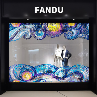 橱窗腰线儿童早教美术培训梵高星空抽象画展布置咖啡店饭厅静电膜