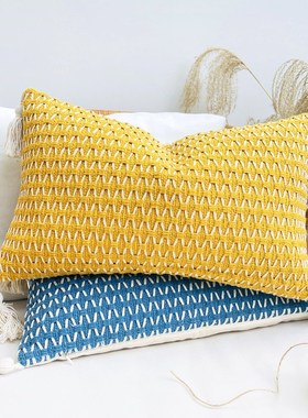 清库存 厚实耐用摩洛哥民族风民宿蓝色黄色棉麻流苏腰枕靠垫腰靠