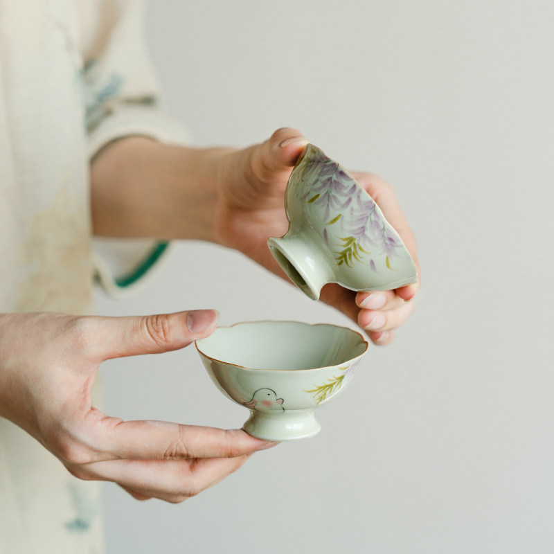 观策器隐草木灰纯手绘萌兔紫藤花高足杯主人杯家用女士专用杯茶杯,餐饮具,茶杯,淘宝优惠券,粉丝福利购,淘宝优惠卷