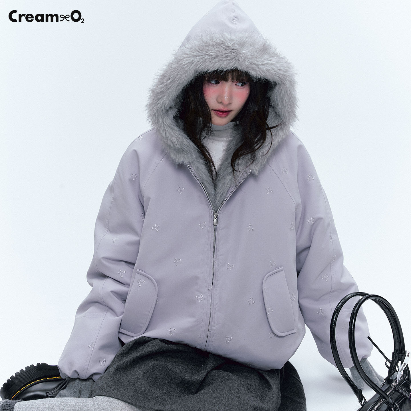 奶油氧气 紫色棉服外套女2025冬季新款蝴蝶结皮草保暖加厚夹克