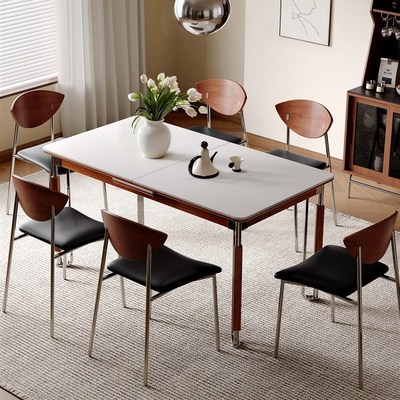 栖木良岩/左右中古风包豪斯实木可伸缩折叠岩板餐桌长方形饭桌