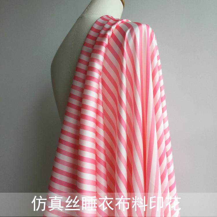 1家6087新款女装粉色条码纹弹力缎数印花装时布料厂现货印花布