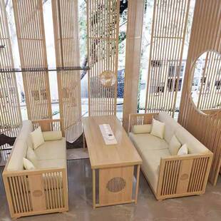 新中式实木卡座沙发组合茶楼民宿餐厅酒店会所包厢接待洽谈家具