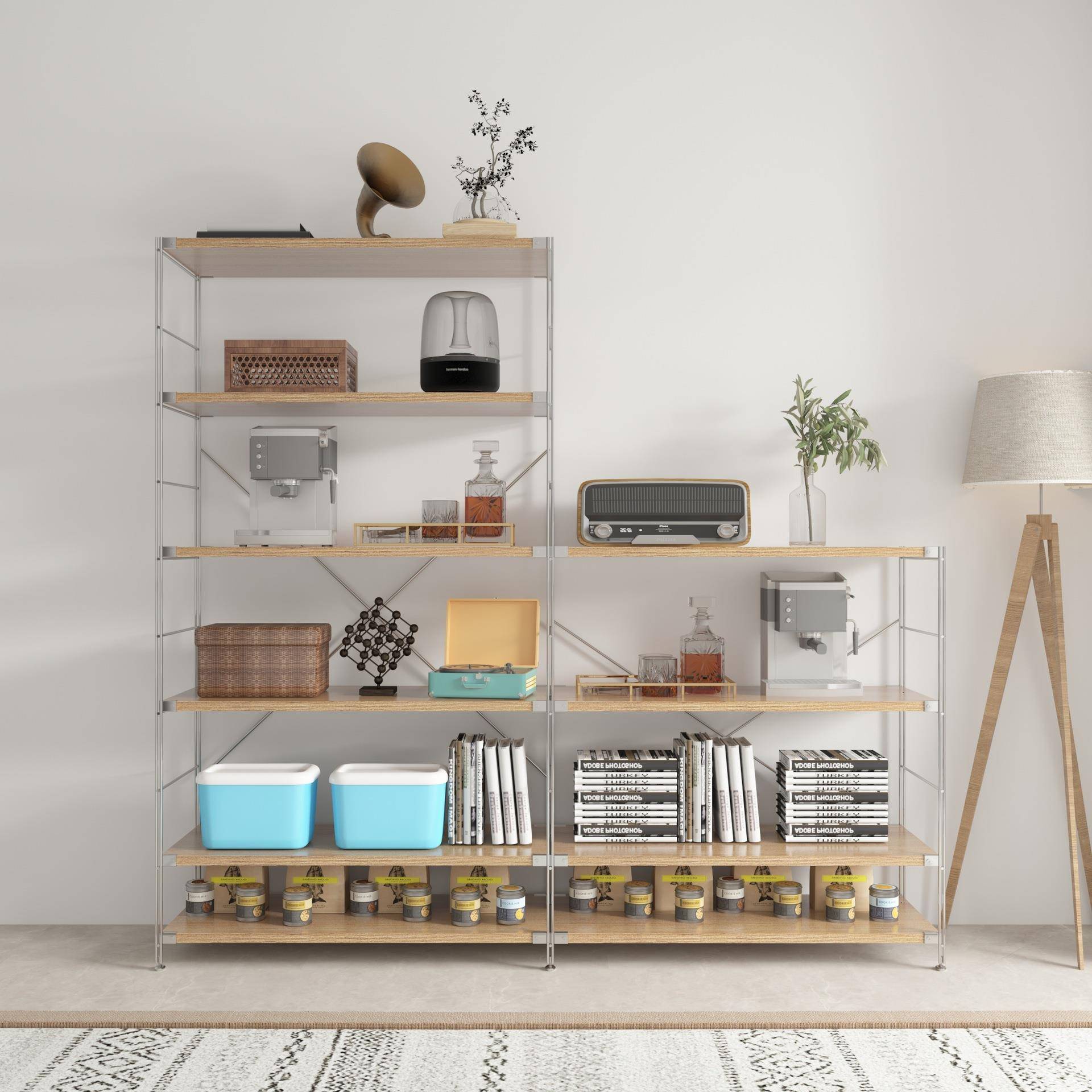 原木风置物架多层收纳不锈钢落地储物架家用多功能书架实木杂志柜 - 封面