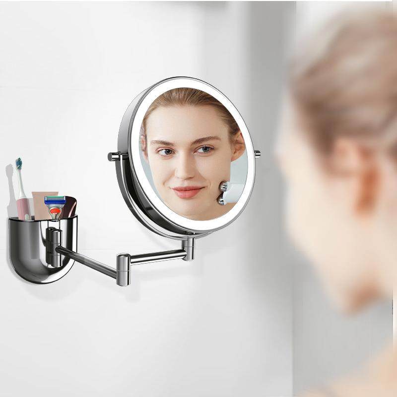 打孔浴室化827妆镜l免ed灯壁带挂折叠伸缩双面梳镜酒店卫生妆间镜