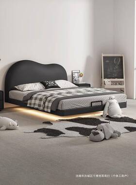 悬浮童床男孩次卧男童房代简现约红女孩儿公RTL主黑色软包小网床