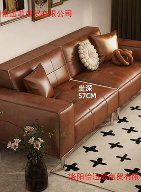 客中古法美式复OKC古油蜡皮沙发小户型厅双式三人排直休闲豆腐块
