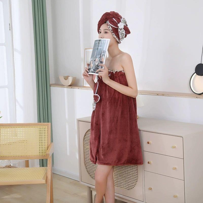 新款时尚韩版珊瑚绒胸抹胸穿可式浴巾干tRHaB2ep发帽裹家浴袍女吸