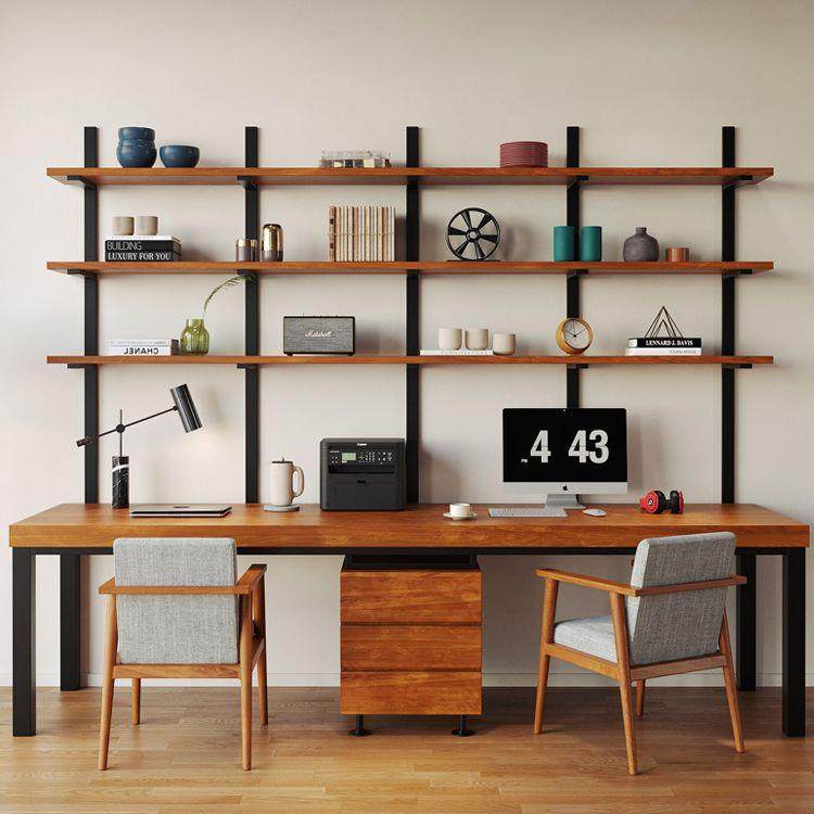 双人生实木学书桌书架OEU组合家用卧长室学习条脑桌书架一电体